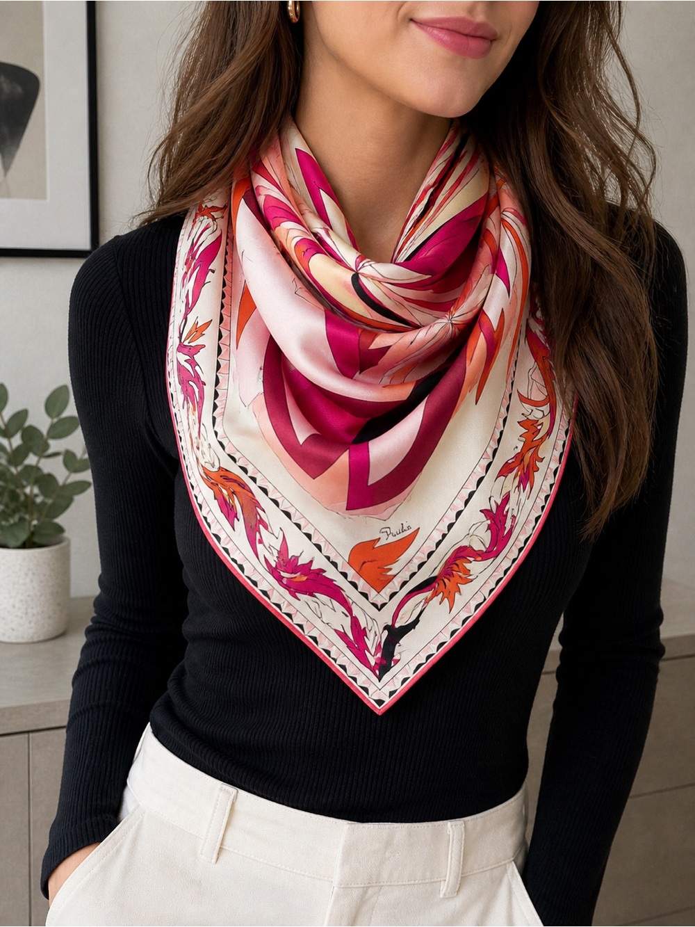 Emilio Pucci Silk Scarf Pink Orange Abstract Print Firenze Italy